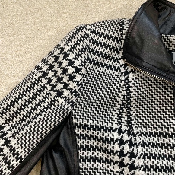 Lena Gabrielle Womens Sz 10 Houndstooth Faux Leather Trim Zip Jacket Black White - Picture 7 of 13